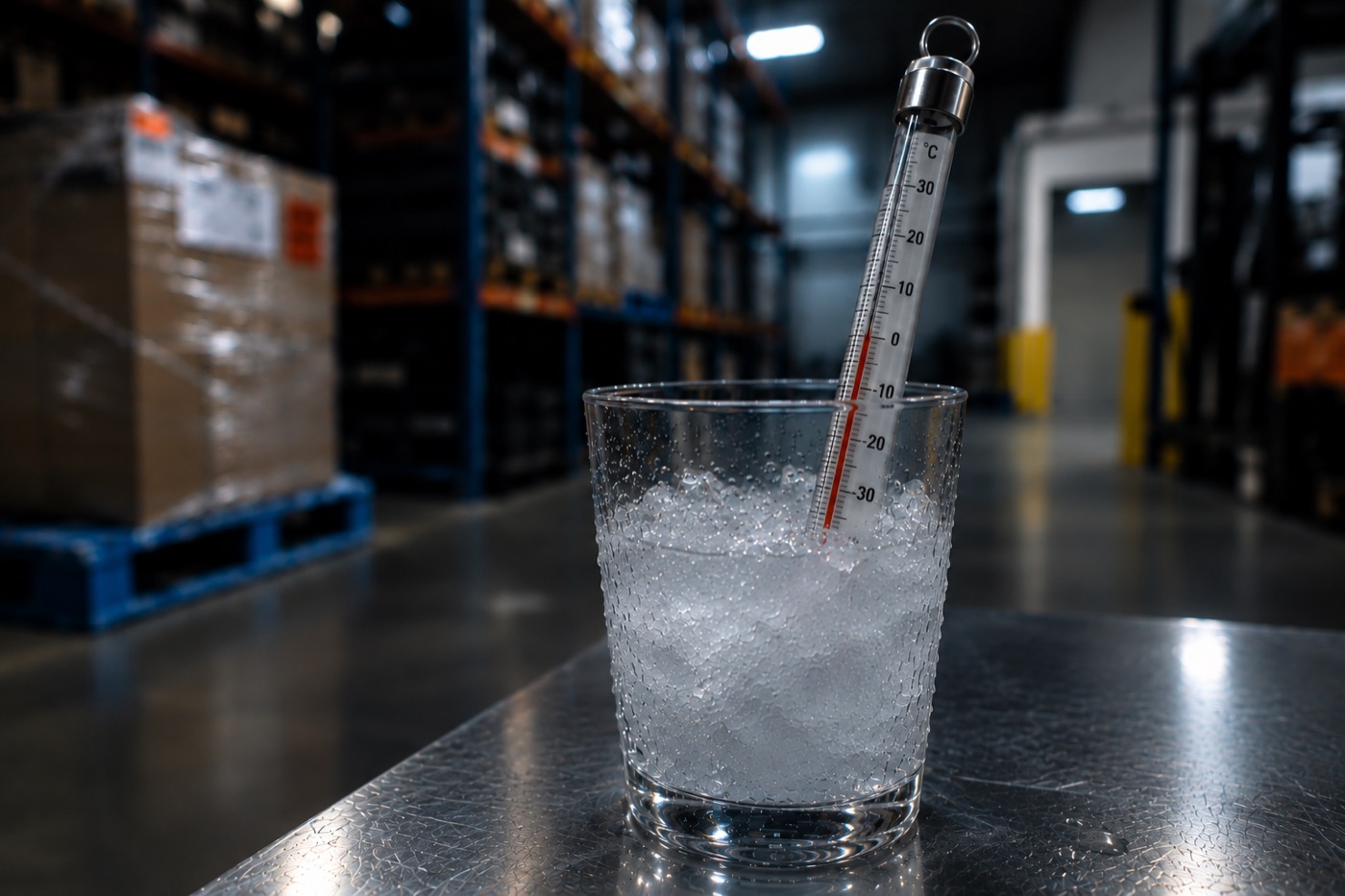 A mercury thermometer standing in a glass of crushed ice and water on a stainless bench, reading 0&deg;C, with warehouse racking behind it.